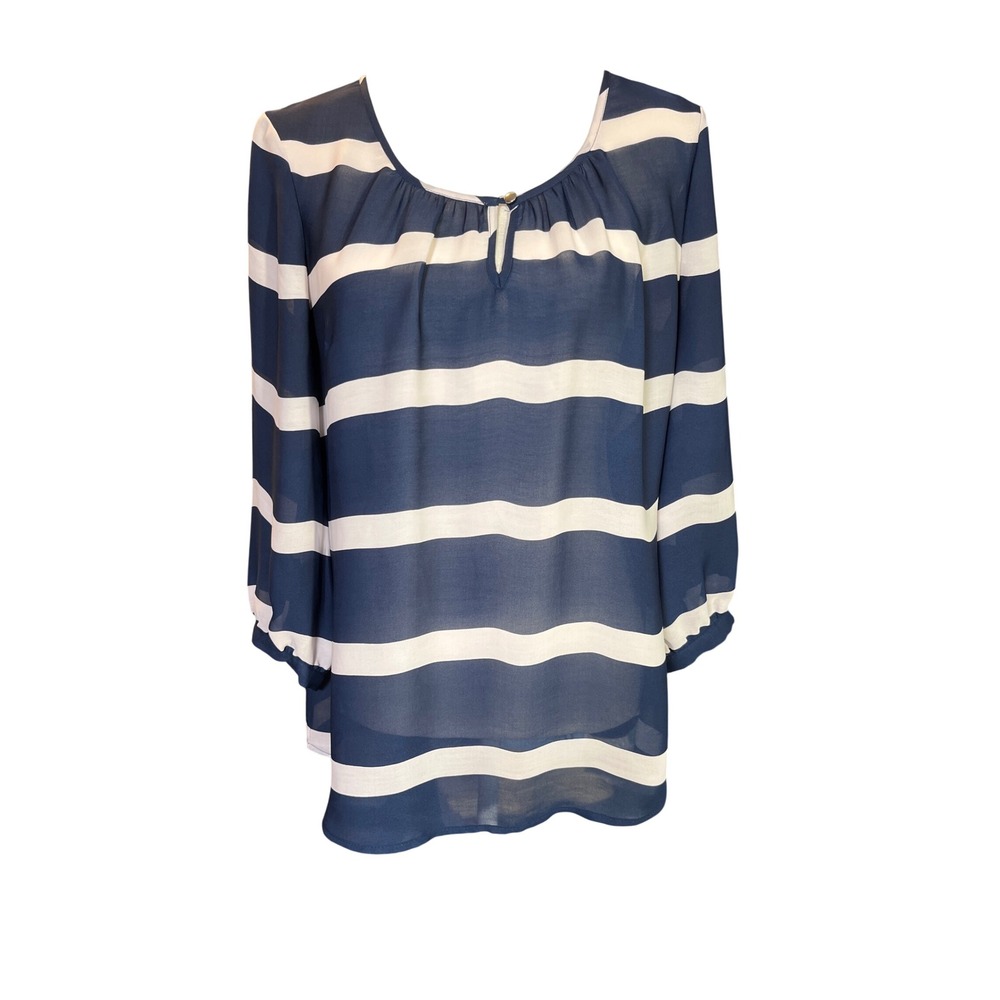Banana Republic Preppy Womens Navy White Striped Chiffon Blouse Keyhole Neck M